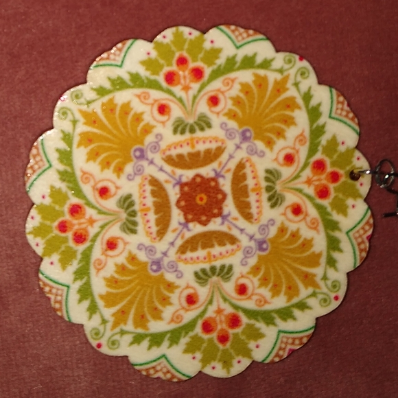 Big 60s Retro Flower Mandala Earrings Bohemian Lightweight Wood Green Gold Boho - Picture 4 of 7